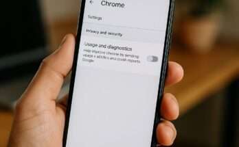 Android-Smartphone mit geöffnetem Chrome-Browser, Einstellungen für Datenschutz und Sicherheit sichtbar, Option „Nutzung und Diagnose senden“ deaktiviert.