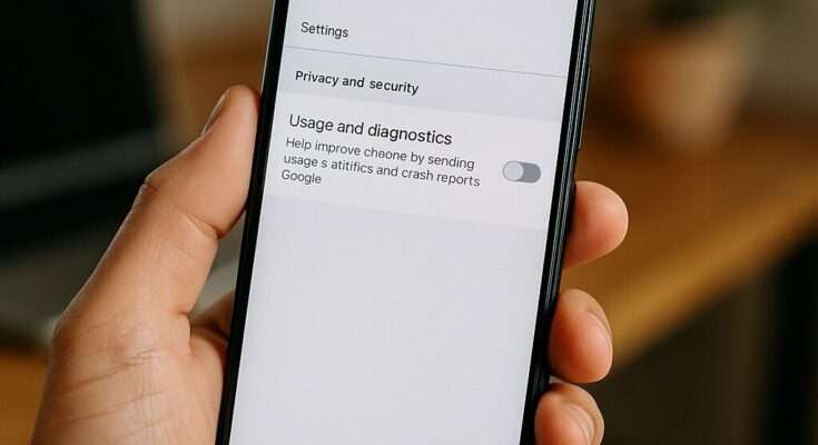 Android-Smartphone mit geöffnetem Chrome-Browser, Einstellungen für Datenschutz und Sicherheit sichtbar, Option „Nutzung und Diagnose senden“ deaktiviert.
