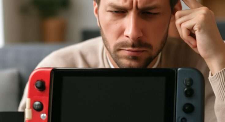 Bild eines Nintendo Switch 2 Controllers vor einem unscharfen Konsolen-Display, symbolisiert die Kritik an fehlender Abwärtskompatibilität bei der neuen Konsole.