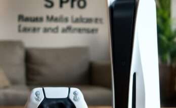 Playstation 5 Pro Konsole in Weiß mit schwarzem Lüfterbereich, präsentiert auf schwarzem Hintergrund, symbolisiert leichteres, leiseres und energieeffizienteres Gaming-Modell.