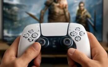 PlayStation-Controller vor einem Bildschirm mit dem PlayStation-Plus-Logo, Symbol für das geleakte erste PSPlus-Spiel im November 2024.