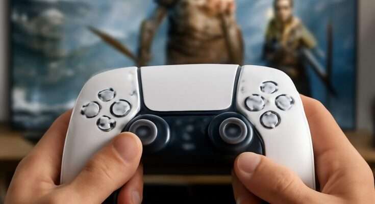 PlayStation-Controller vor einem Bildschirm mit dem PlayStation-Plus-Logo, Symbol für das geleakte erste PSPlus-Spiel im November 2024.