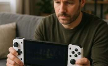 ROG Xbox Ally Handheld-Konsole neben Nintendo Switch auf Holztisch, Fokus auf kompaktes Design und Gaming-Performance.