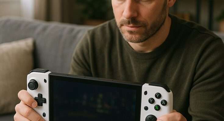 ROG Xbox Ally Handheld-Konsole neben Nintendo Switch auf Holztisch, Fokus auf kompaktes Design und Gaming-Performance.