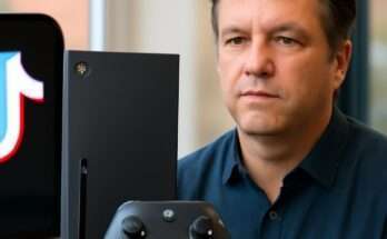 Xbox-Controller neben TikTok-Logo auf einem Bildschirm, symbolisiert die neue Konkurrenz und Zusammenarbeit zwischen klassischem Konsolengaming und sozialen Gaming-Inhalten auf TikTok.