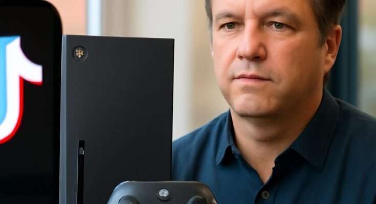 Xbox-Controller neben TikTok-Logo auf einem Bildschirm, symbolisiert die neue Konkurrenz und Zusammenarbeit zwischen klassischem Konsolengaming und sozialen Gaming-Inhalten auf TikTok.