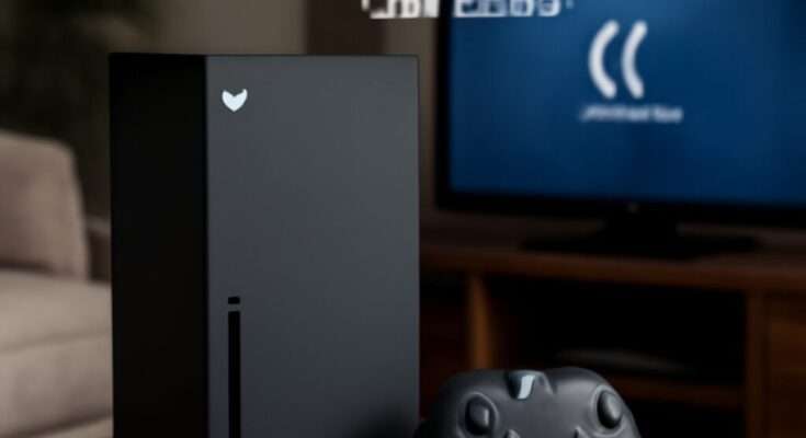Xbox Next Konsole auf schwarzem Hintergrund, Symbol für Premium-Gaming mit Leistungsschwankungen und Absturzrisiken, Darstellung von technischer Innovation und aktuellen Stabilitätsproblemen.