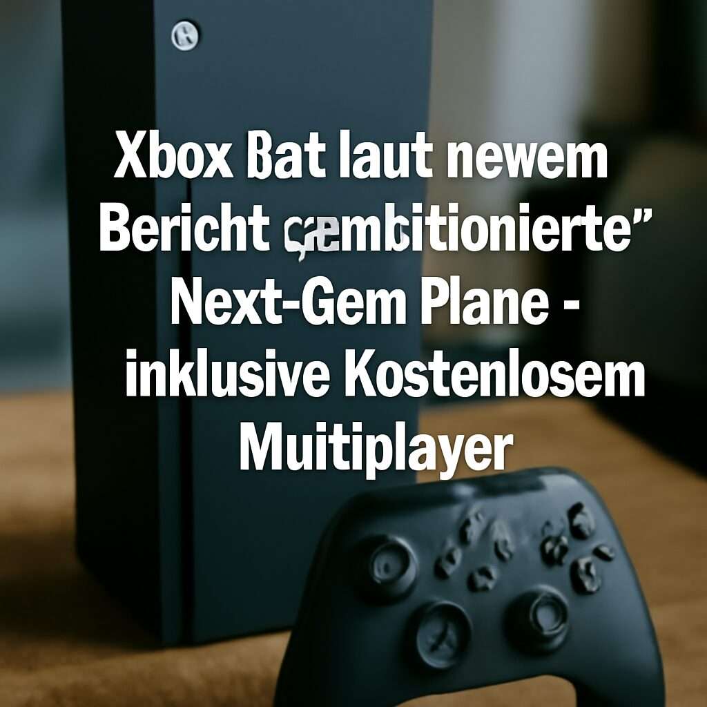Xbox Series X und Series S mit Controller vor futuristischem Hintergrund, Symbol für ambitionierte Next-Gen-Pläne und kostenlosen Multiplayer-Service.