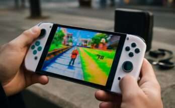 Nahaufnahme der Nintendo Switch 2 in der Hand eines Spielers, die Konsole zeigt ein farbenfrohes Spiel auf dem OLED-Display, im Hintergrund unscharf das Dock und Zubehör.