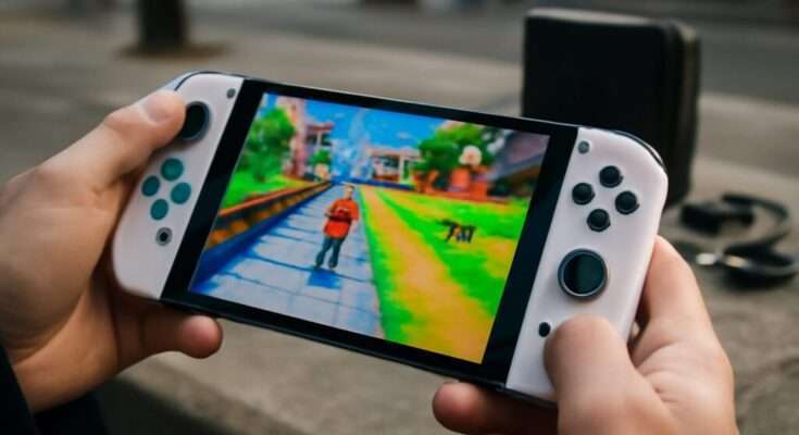 Nahaufnahme der Nintendo Switch 2 in der Hand eines Spielers, die Konsole zeigt ein farbenfrohes Spiel auf dem OLED-Display, im Hintergrund unscharf das Dock und Zubehör.