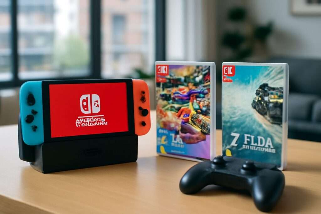 Nintendo Switch 2 auf einem Tisch mit angeschlossenem Dock, daneben exklusive Spiele-Cover und ein Controller, helle, moderne Umgebung.