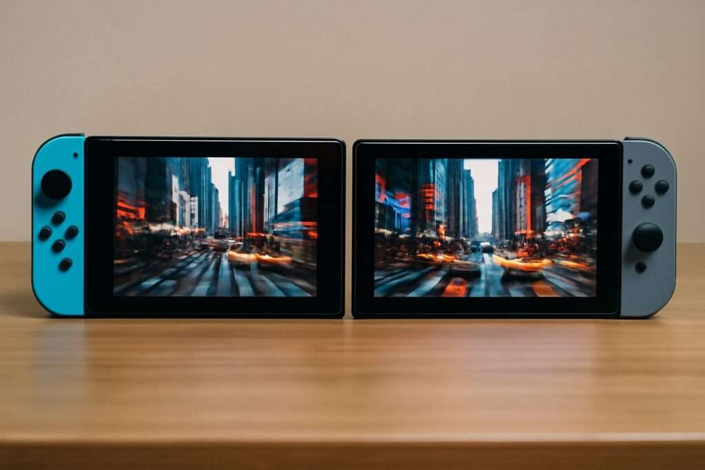 Vergleichsbild: Nintendo Switch (erste Generation) neben der Switch 2, beide eingeschaltet, um die Unterschiede im Display und Design zu zeigen, neutraler Hintergrund.