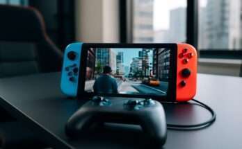 Eine Nintendo Switch Konsole auf einem modernen Gaming-Tisch, mit sichtbarem OLED-Display und angeschlossenem Pro-Controller, helle und freundliche Beleuchtung, Fokus auf die hybride Nutzung der Konsole.