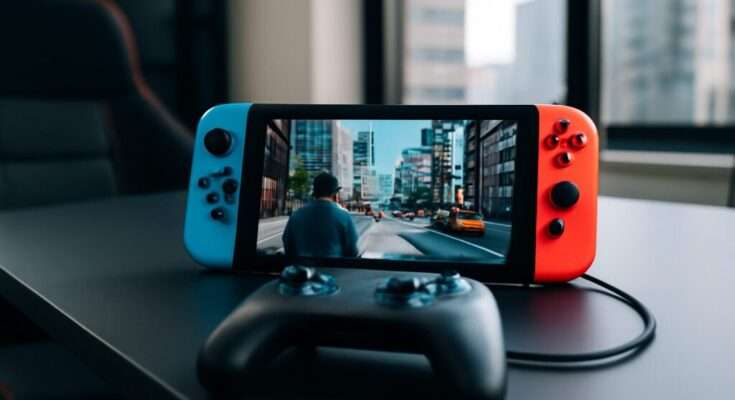 Eine Nintendo Switch Konsole auf einem modernen Gaming-Tisch, mit sichtbarem OLED-Display und angeschlossenem Pro-Controller, helle und freundliche Beleuchtung, Fokus auf die hybride Nutzung der Konsole.