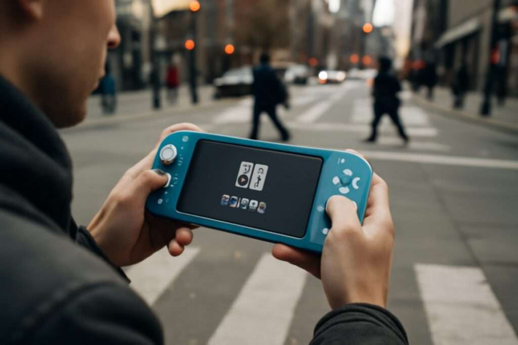 Nahaufnahme einer Nintendo Switch Lite in der Hand eines Spielers, der draußen unterwegs ist, natürliche Lichtverhältnisse.