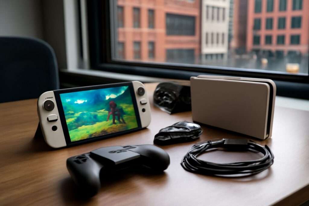 Übersicht eines Gaming-Setups mit Nintendo Switch OLED, Dockingstation, Pro-Controller und Zubehör auf einem Schreibtisch.