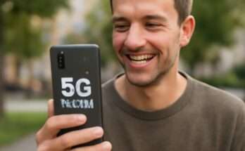 Smartphone mit 5G-Symbol und Euro-Zeichen, das günstigen 5G Unlimited Tarif für 15 Euro monatlich symbolisiert.