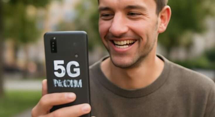 Smartphone mit 5G-Symbol und Euro-Zeichen, das günstigen 5G Unlimited Tarif für 15 Euro monatlich symbolisiert.
