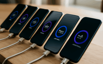 Sechs Smartphones liegen nebeneinander, umgeben von Ladegeräten und Kabeln, als Symbol für den Akku-Test mit Fast-Charging nach 167 Tagen Dauernutzung.