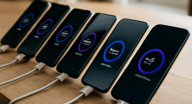 Sechs Smartphones liegen nebeneinander, umgeben von Ladegeräten und Kabeln, als Symbol für den Akku-Test mit Fast-Charging nach 167 Tagen Dauernutzung.