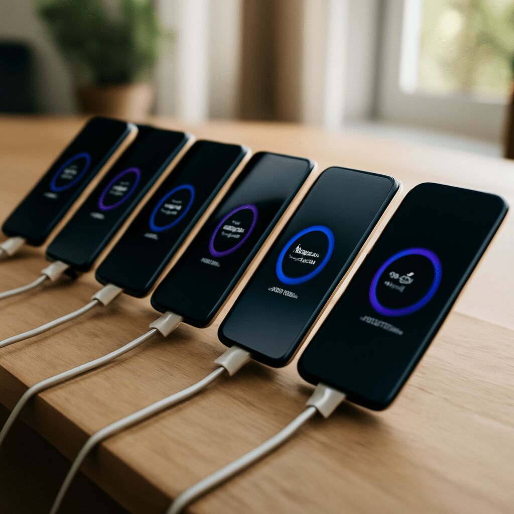 Sechs Smartphones liegen nebeneinander, umgeben von Ladegeräten und Kabeln, als Symbol für den Akku-Test mit Fast-Charging nach 167 Tagen Dauernutzung.