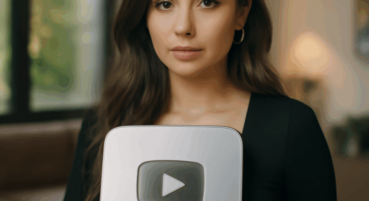 Alt-Text: „Porträt der Popsängerin Ayliva vor neutralem Hintergrund, dazu eingeblendete Schrift ‚Künstlerin des Jahres‘ und YouTube-Logo, symbolisiert ihre Auszeichnung als YouTubes Künstlerin des Jahres in Deutschland.“