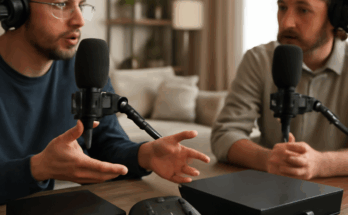 Backseat Gaming Podcast Folge 75: Illustration von Steam Machine und Xbox als Wettbewerber im Gaming-Markt, mit Gaming-Controllern und Podcast-Mikrofon vor dunklem Hintergrund.