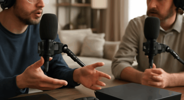 Backseat Gaming Podcast Folge 75: Illustration von Steam Machine und Xbox als Wettbewerber im Gaming-Markt, mit Gaming-Controllern und Podcast-Mikrofon vor dunklem Hintergrund.