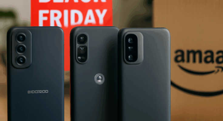 Alt-Text: Mehrere aktuelle Android-Smartphones von Samsung, Motorola und Xiaomi liegen nebeneinander vor einem dunklen Hintergrund, dazu eingeblendete Preisetiketten und das Amazon-Logo, die auf reduzierte Black-Friday-Angebote hinweisen.
