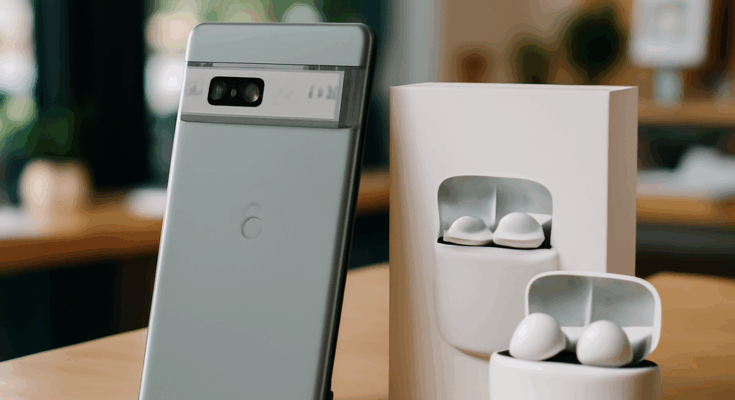 Beitragsbild mit Pixel 10 Smartphone und Pixel Buds vor schwarzem Hintergrund, Hinweis auf Black Friday Rabatte im Google Store 2024.