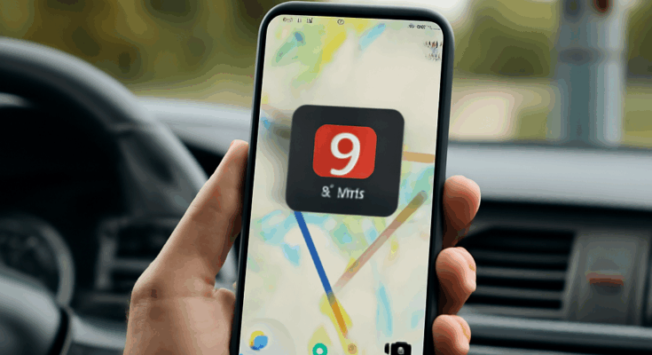 Smartphone mit geöffneter Google-Maps-Navigation im Auto, darüber ein kleines Overlay einer Blitzer-App mit Warnsymbolen – verdeutlicht die praktische, aber rechtlich heikle Blitzerwarnung per Zusatz-App in Deutschland.