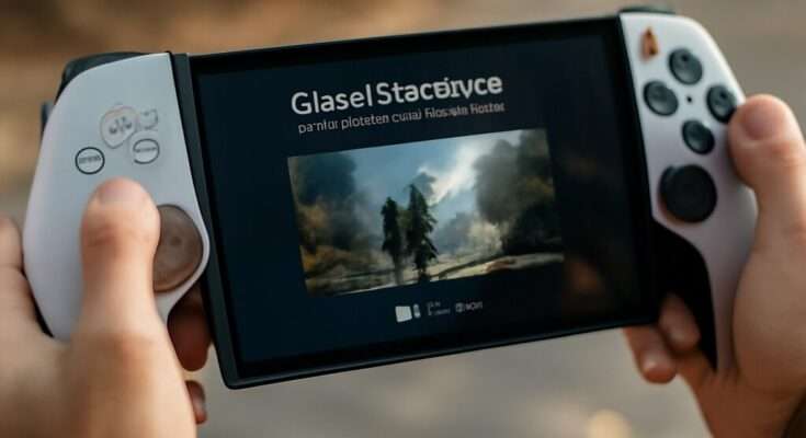 PlayStation Portal in der Hand eines Nutzers, der unterwegs ein PS5-Spiel per Cloud-Streaming über eine WLAN-Verbindung spielt.