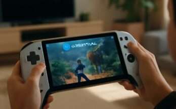 PlayStation Portal in der Hand eines Spielers, der ein PS5-Spiel per Cloud-Streaming über Wi-Fi unterwegs spielt.