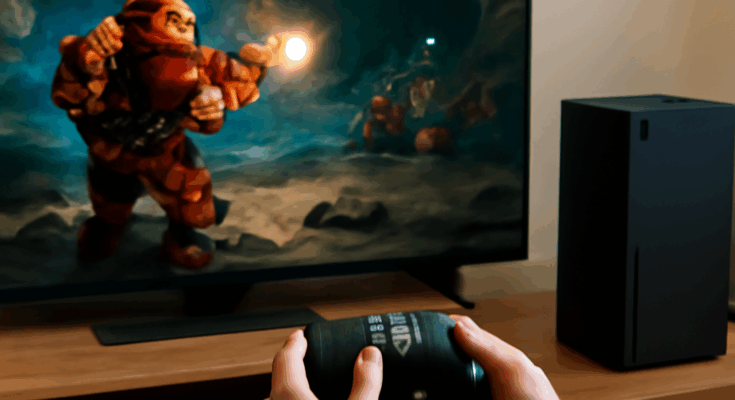 Screenshot aus Deep Rock Galactic Survivor auf Xbox Series X: Vier Zwerge im Koop-Modus verteidigen taktisch eine Basis gegen feindliche Wellen in einer düsteren Höhlenumgebung mit dynamischer Beleuchtung.