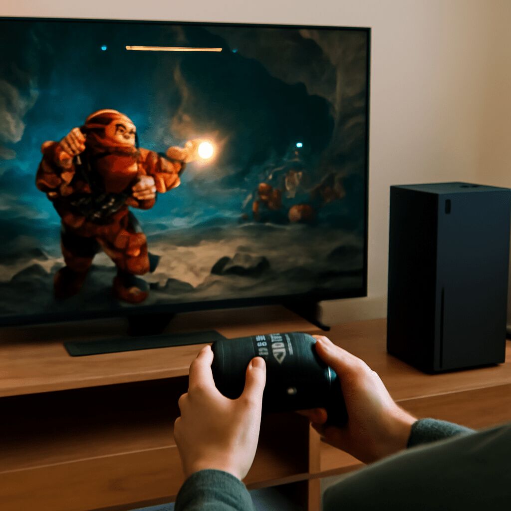 Screenshot aus Deep Rock Galactic Survivor auf Xbox Series X: Vier Zwerge im Koop-Modus verteidigen taktisch eine Basis gegen feindliche Wellen in einer düsteren Höhlenumgebung mit dynamischer Beleuchtung.