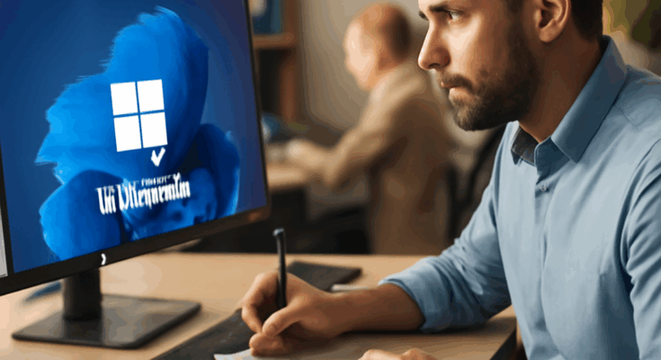 Symbolbild für den geplanten Umstieg auf Windows 11: IT-Fachkraft prüft Unternehmens-Clients auf Hardware-Kompatibilität, Sicherheitsanforderungen und Migrationspfade vom auslaufenden Windows 10 zu Windows 11.