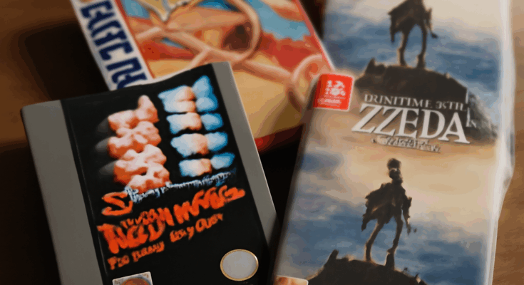 Beitragsbild mit einer Collage ikonischer Nintendo-Spiele wie Super Mario Bros., The Legend of Zelda: Breath of the Wild, Pokémon und Mario Kart, die die 100 besten Nintendo-Games aller Zeiten repräsentieren.