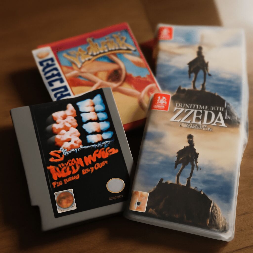 Beitragsbild mit einer Collage ikonischer Nintendo-Spiele wie Super Mario Bros., The Legend of Zelda: Breath of the Wild, Pokémon und Mario Kart, die die 100 besten Nintendo-Games aller Zeiten repräsentieren.