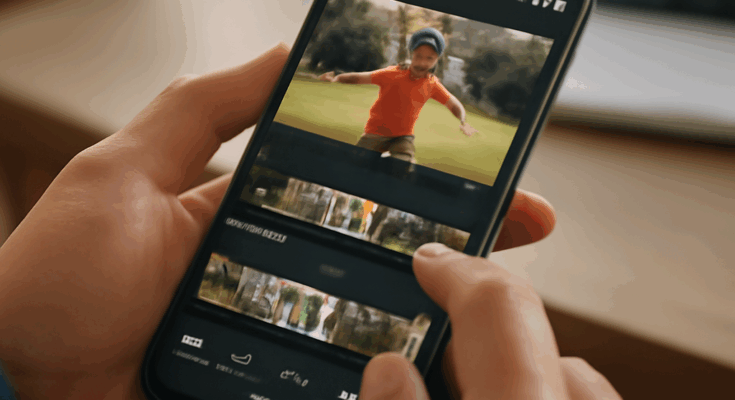 Screenshot der Google Fotos App mit dem neuen integrierten Videoeditor für Highlight-Videos, der Funktionen wie Zuschneiden, Übergänge und Farbkorrekturen zeigt.