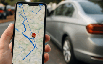 Smartphone zeigt Google Maps Navigation mit präziser Fahrzeugortung, die den genauen Standort eines Autos in einem Parkhaus anzeigt, um die schnellere Erreichbarkeit des Fahrzeugs zu ermöglichen.