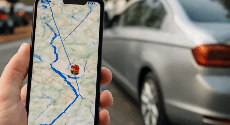 Smartphone zeigt Google Maps Navigation mit präziser Fahrzeugortung, die den genauen Standort eines Autos in einem Parkhaus anzeigt, um die schnellere Erreichbarkeit des Fahrzeugs zu ermöglichen.