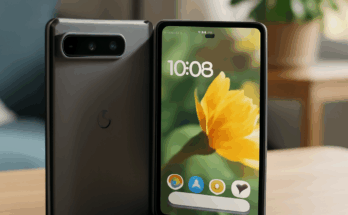 Google Pixel 10 Pro Fold aufgeklappt, zeigt großes brillantes Innen-Display und robustes Scharnier, modernes faltbares Smartphone mit hochwertigem Design.