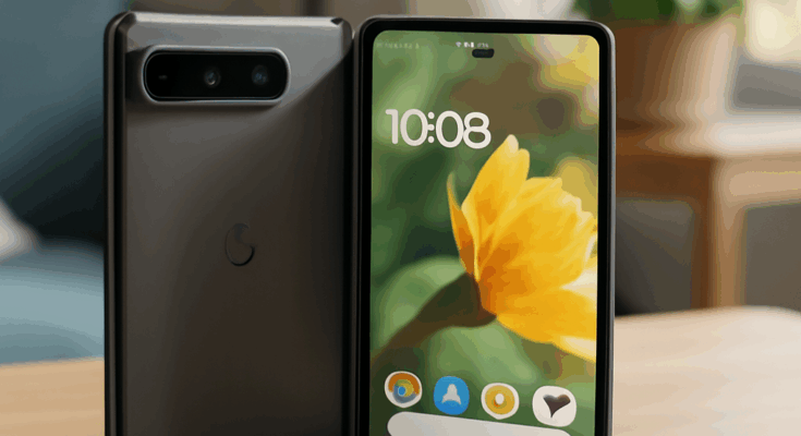 Google Pixel 10 Pro Fold aufgeklappt, zeigt großes brillantes Innen-Display und robustes Scharnier, modernes faltbares Smartphone mit hochwertigem Design.