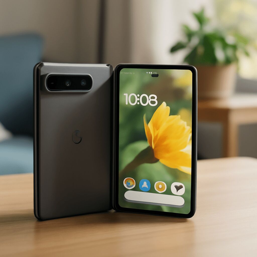 Google Pixel 10 Pro Fold aufgeklappt, zeigt großes brillantes Innen-Display und robustes Scharnier, modernes faltbares Smartphone mit hochwertigem Design.