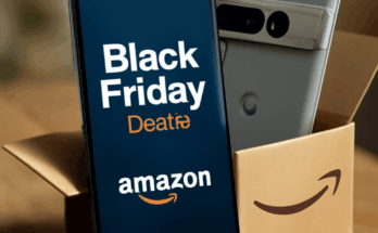 Alt-Text: „Google Pixel 10 Pro XL in Nahaufnahme vor schwarzem Hintergrund, daneben hervorgehobener Amazon-Black-Friday-Rabatt – beworben als stark reduziertes Flaggschiff-Smartphone mit Premium-Kamera, KI-Funktionen und langem Software-Support.“