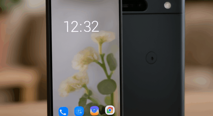 Google Pixel 9a in Nahaufnahme auf hellem Hintergrund, Rückseite mit dezenter Kameraleiste und schlichtem, mattem Design, daneben dezent eingeblendete Stichworte zu Testthemen wie Kamera, OLED-Display, KI-Funktionen und Preis-Leistungs-Verhältnis.