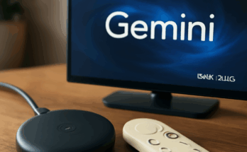Google TV Streaming-Player KI Gemini in schwarzem Gehäuse vor weißem Hintergrund, Symbol für smarte KI-Technologie und 4K-Streaming.