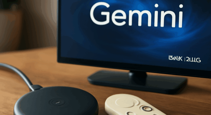 Google TV Streaming-Player KI Gemini in schwarzem Gehäuse vor weißem Hintergrund, Symbol für smarte KI-Technologie und 4K-Streaming.