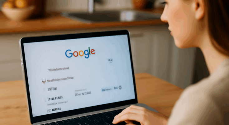 Alt-Text: Illustration eines Flugzeugs vor einer digitalen Weltkarte mit KI-Symbolen, die die neue KI-gestützte Flugsuche von Google visualisieren.