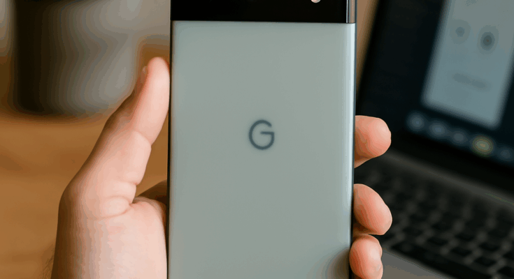 Google Pixel Smartphones verschiedener Generationen vor einem Bildschirm mit Update-Symbol, das umfassendes Software-Update mit neuen Funktionen und verbesserter Performance symbolisiert.